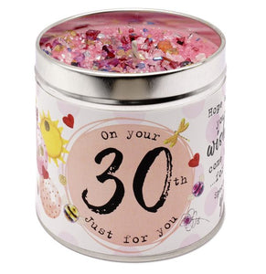 Tin candle with added sparkles and the sentiment 'On your 30th just for you'