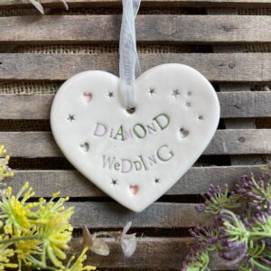 White ceramic hanging heart saying Diamond Wedding