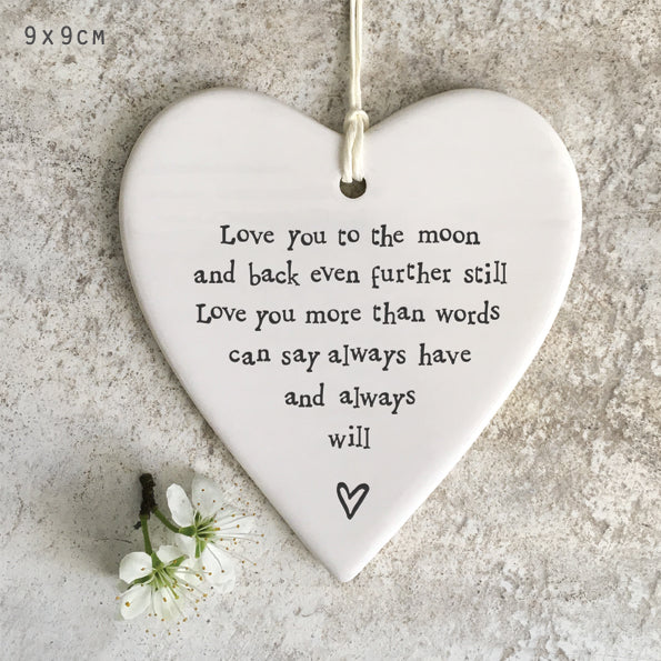 East Of India hanging porcelain heart with black wording 'Love you to the moon'