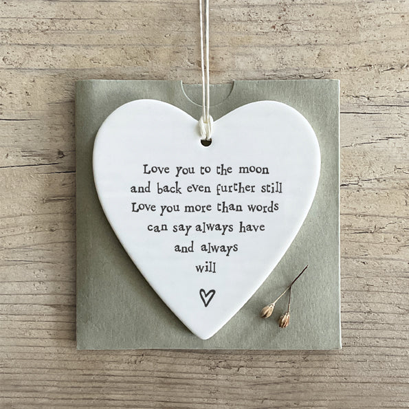 East Of India hanging porcelain heart with black wording 'Love you to the moon'