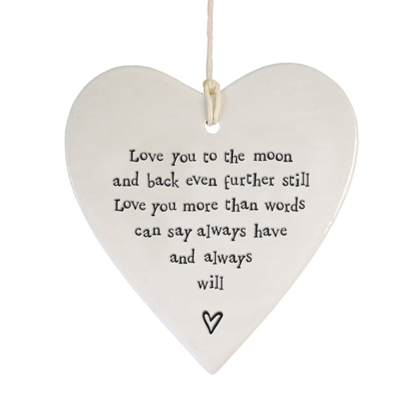 East Of India hanging porcelain heart with black wording 'Love you to the moon'