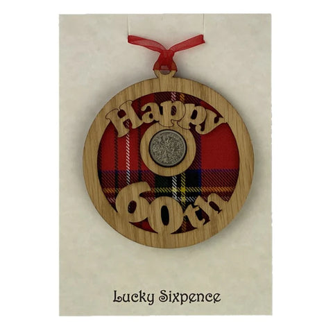 Wooden hanging disc with tartan insert and lucky sixpence - Happy 60th