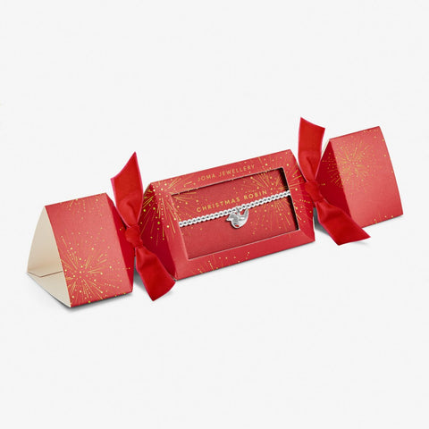 Joma jewellery Christmas bracelet with robin charm packaged in Christmas cracker with red ribbon