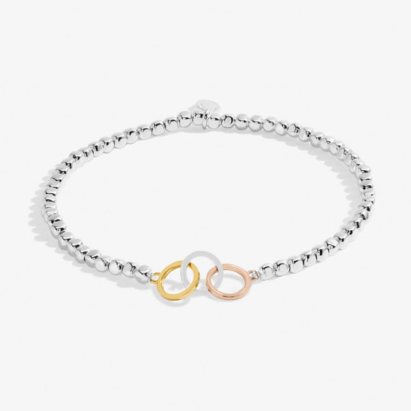 Joma Jewellery Forever Yours Family Forever Together silver beaded bracelet with three interlinked circles in silver, gold rose gold.