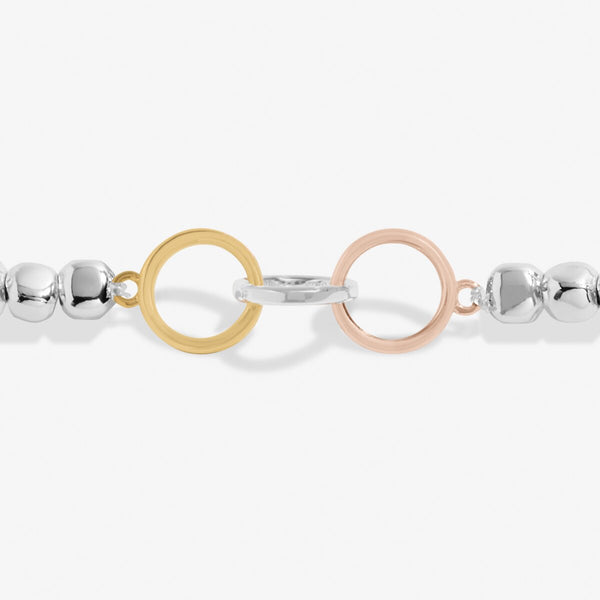 Joma Jewellery Forever Yours Family Forever Together silver beaded bracelet with three interlinked circles in silver, gold rose gold.