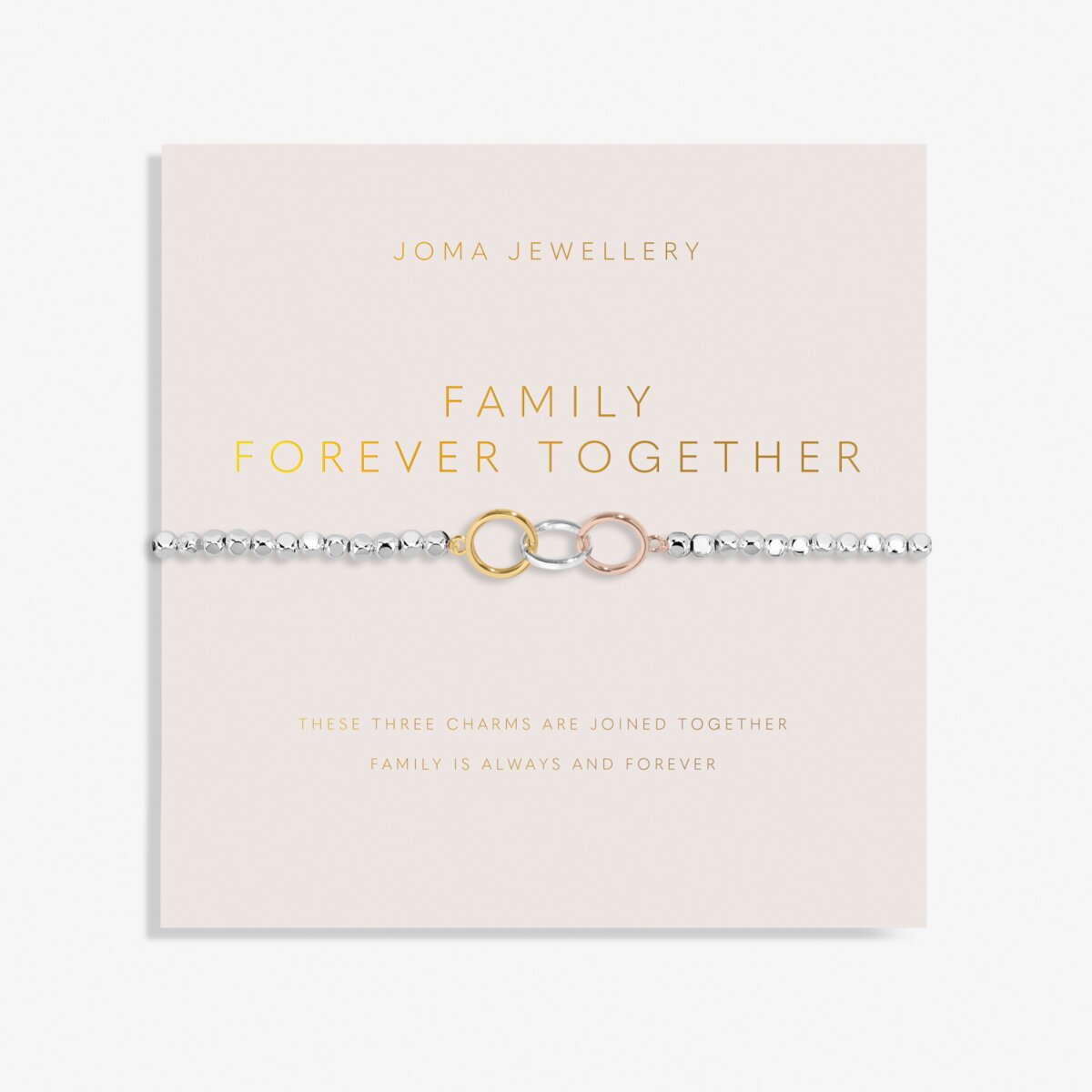 Joma Jewellery Forever Yours Family Forever Together silver beaded bracelet with three interlinked circles in silver, gold rose gold.