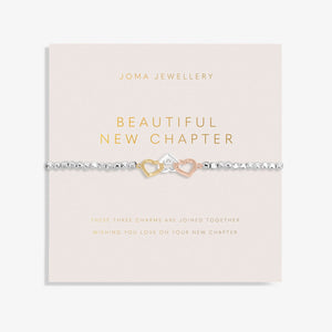 Joma jewellery stretch beaded bracelet with joined hearts in silver, gold and rose gold.