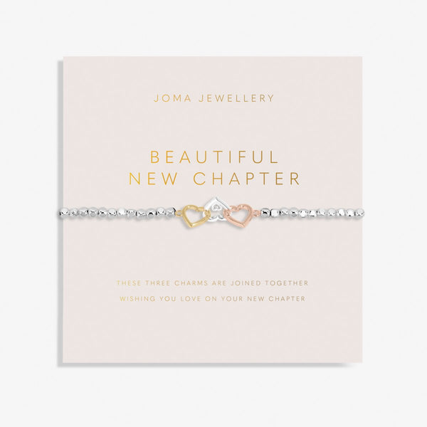 Joma jewellery stretch beaded bracelet with joined hearts in silver, gold and rose gold.