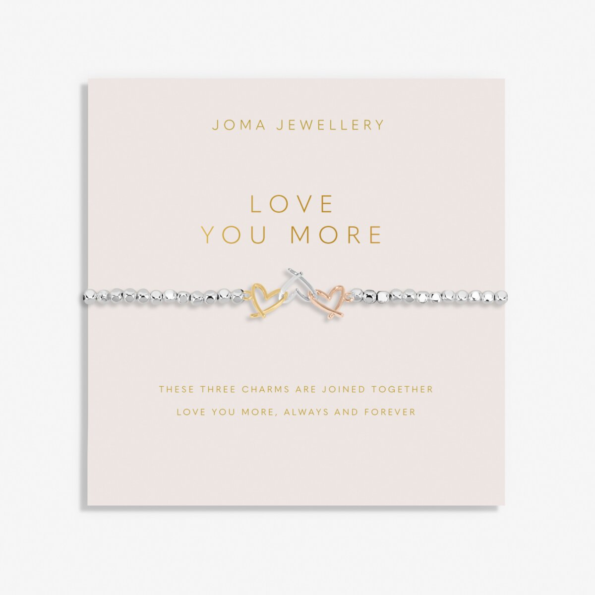 Joma Jewellery beaded bracelet with three open heart charms in silver, gold and rose gold.