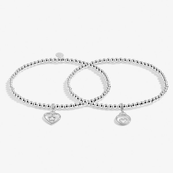 Joma jewellery Infinity Birthday bracelets with silver plated beads and open heart charm and open circle charm.