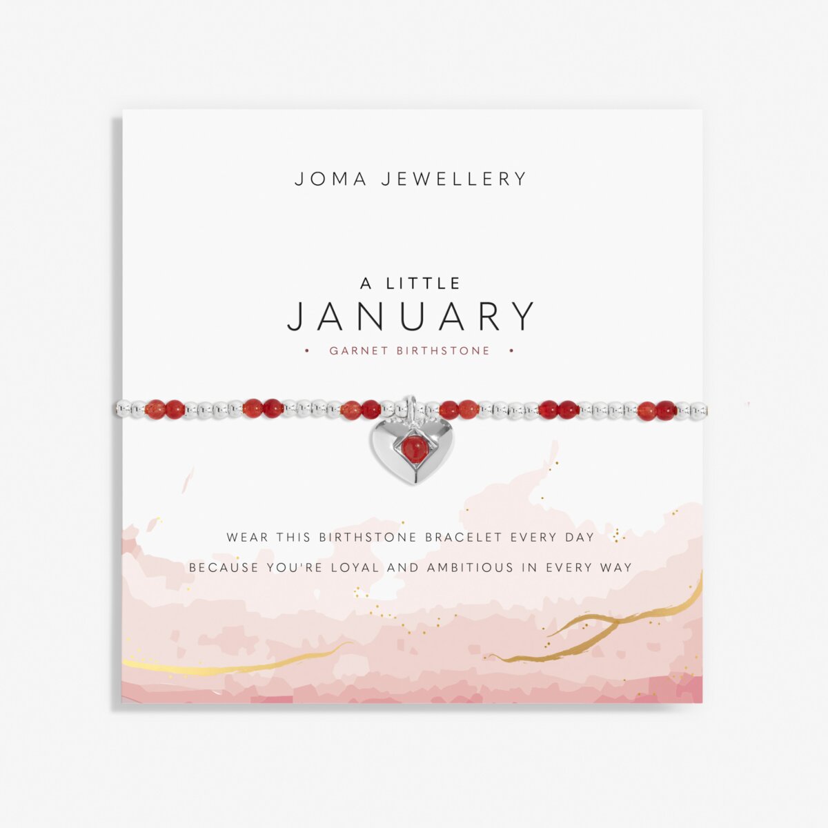 Joma Jewellery January birthstone bracelet featuring semi precious gemstones and heart charm.