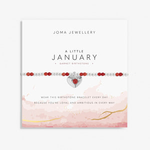 Joma Jewellery January birthstone bracelet featuring semi precious gemstones and heart charm.