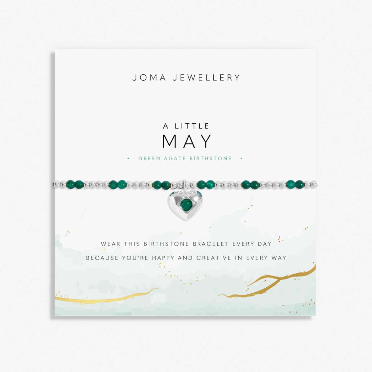 Joma Jewellery May birthstone bracelet with semi precious gemstones and silver heart charm.