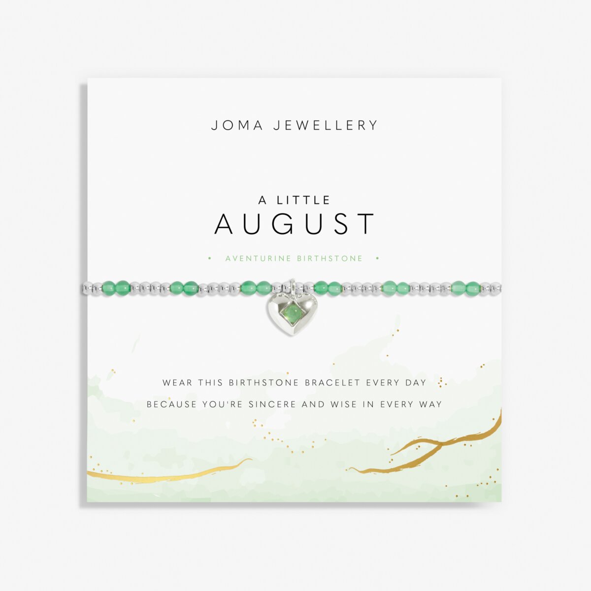 Joma Jewellery August birthsone bracelet featuring semi-precious gemstones and silver plated heart charm.