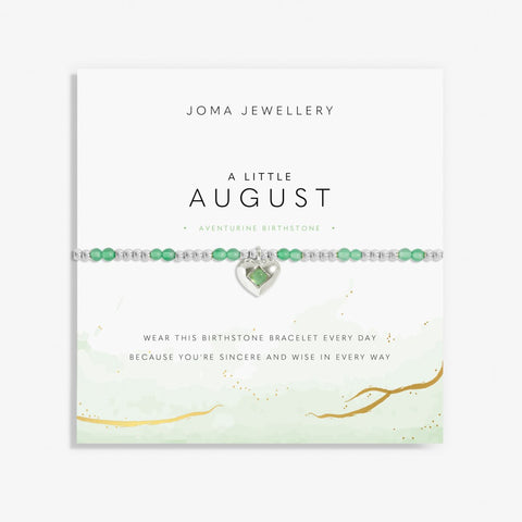 Joma Jewellery August birthsone bracelet featuring semi-precious gemstones and silver plated heart charm.