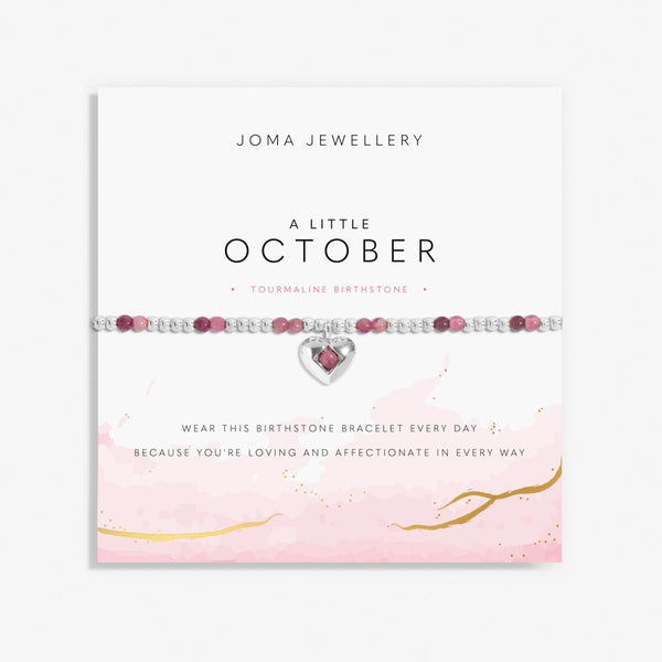 Joma Jewellery October birthstone stretch bracelet with pink semi-precious gemstones and silver hanging heart charm.