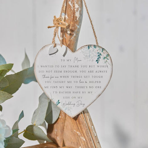 White wooden hanging heart wedding plaque for Mum