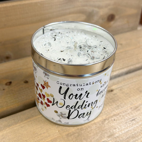 Tin candle with added sparkles with sentiment wedding day