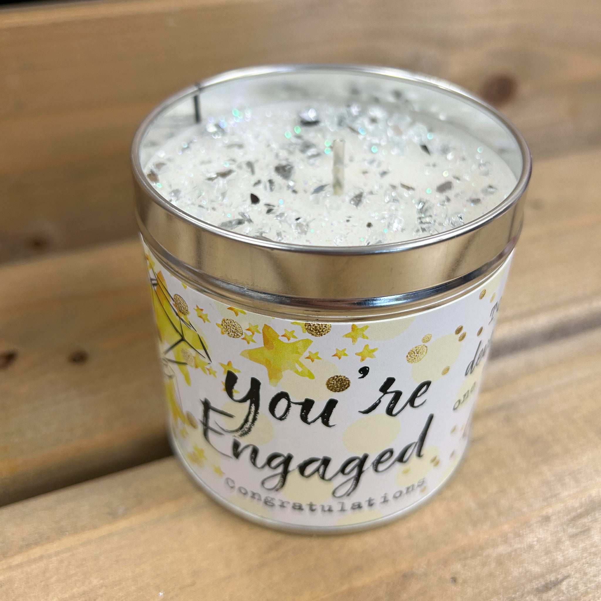 Tin candle with added sparkles and sentiment You're Engaged