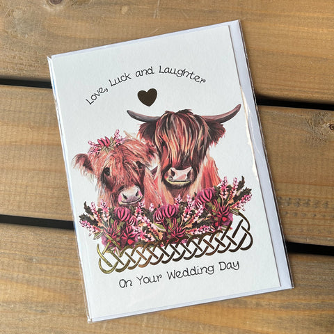 Scottish Wedding Card - Highland Coos - Love Luck and Laughter