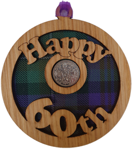 Wooden hanging disc with tartan insert and lucky sixpence - Happy 60th