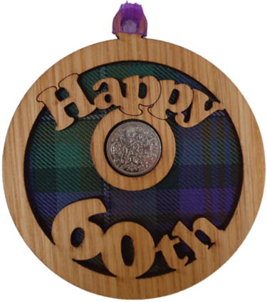 Wooden hanging disc with tartan insert and lucky sixpence - Happy 60th