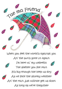 Keepsake card featuring tartan umbrella design and a Scottish slang poem