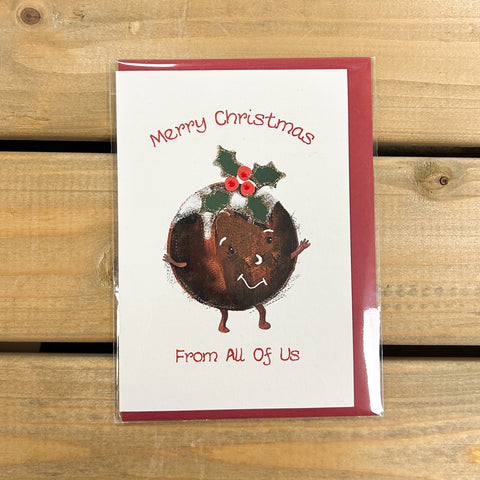 Scottish Christmas card with cute Christmas pudding with holly and hand detailed glitter detail