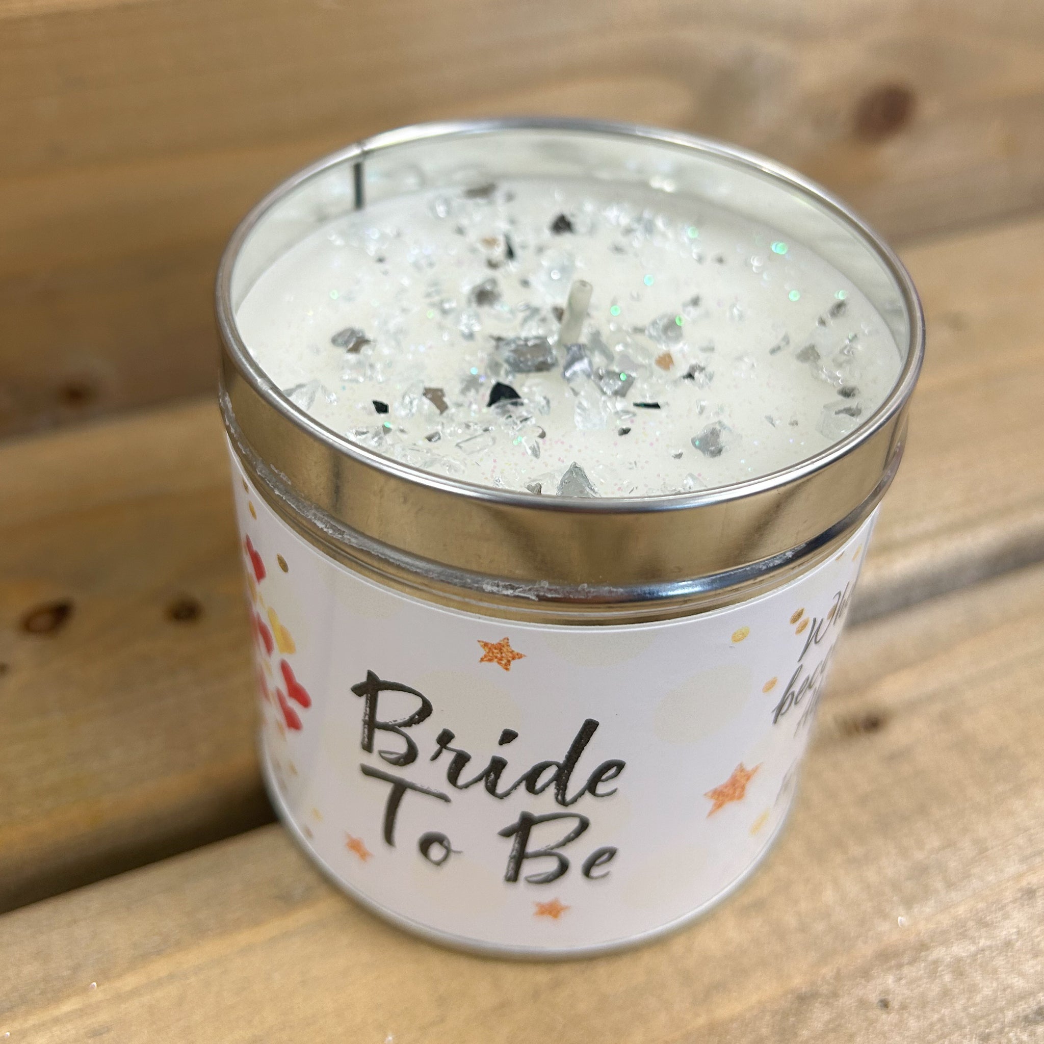 Tin candle with added sparkle with sentiment Bride To Be