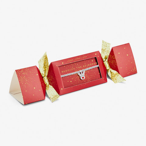 Joma jewellery girls bracelet with reindeer charm presented in a Christmas cracker gift box