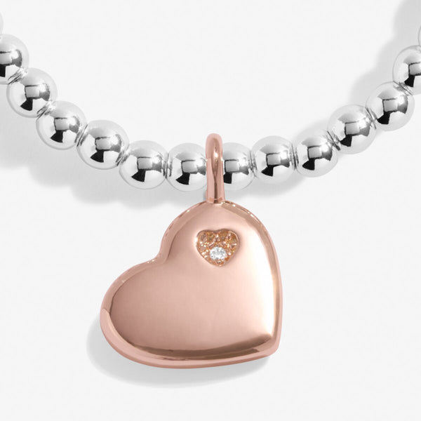 Joma jewellery girls bracelet with silver plated beads and rose gold hanging heart.