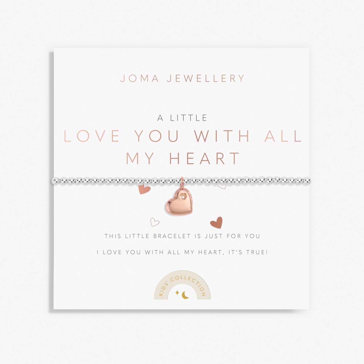 Joma jewellery girls bracelet with silver plated beads and rose gold hanging heart.