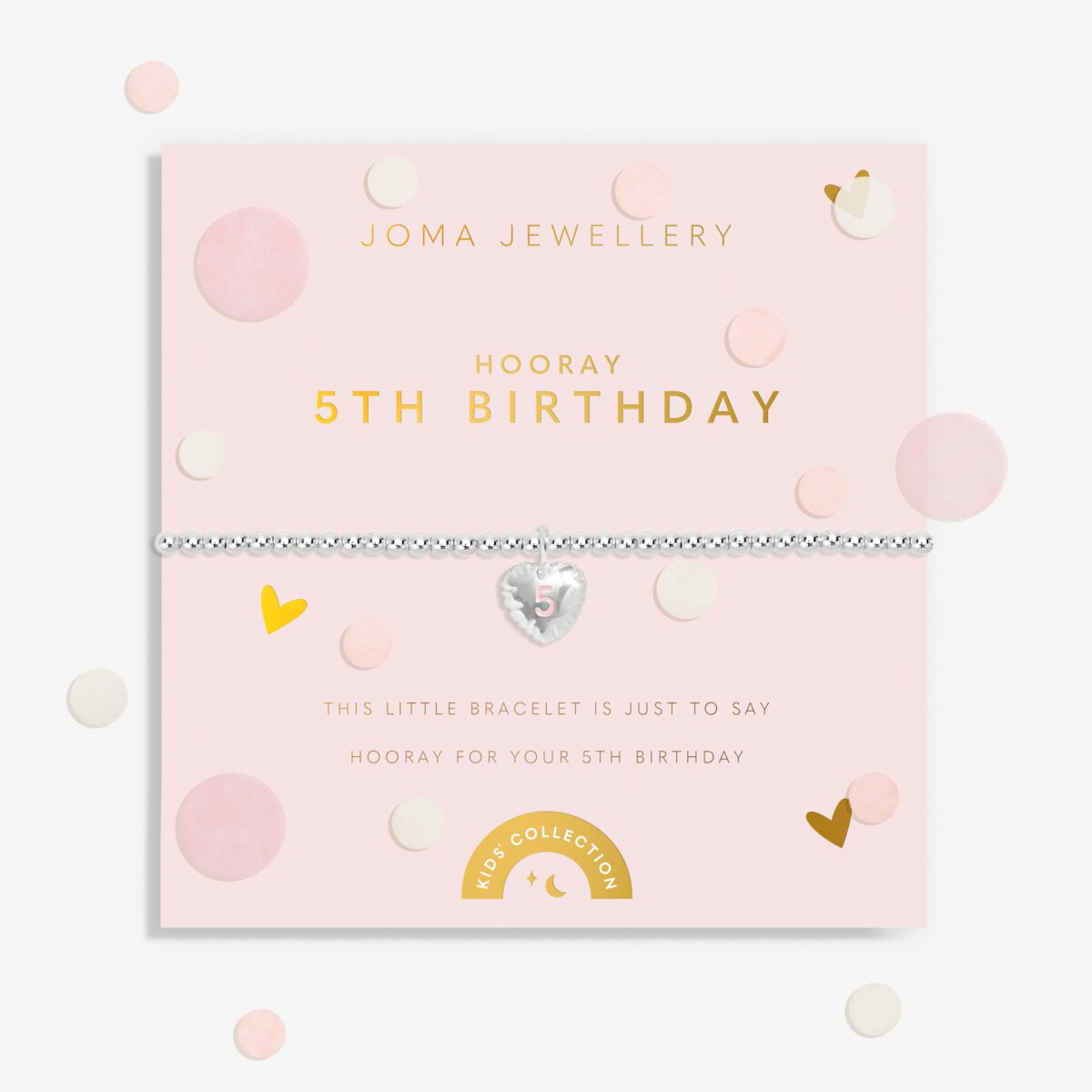 Joma jewellery girls birthday bracelet with silver plated beads and a hanging heart charm with a number 5 stamped in pink.