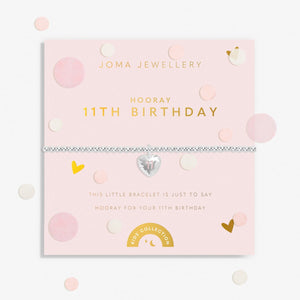 Joma jewellery girls 11th birthday bracelet with silver plated beads and a hanging heart charm with 11 stamped in pink.