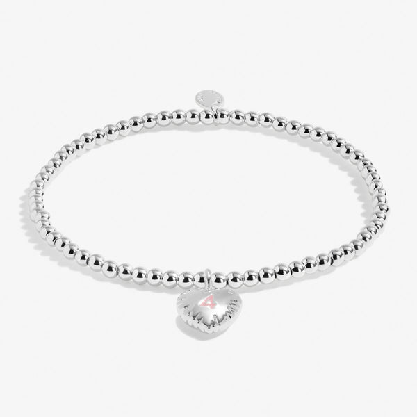 Joma Jewellery Girls silver plated beaded bracelet with hanging heart charm and the number 4 stamped in pink.