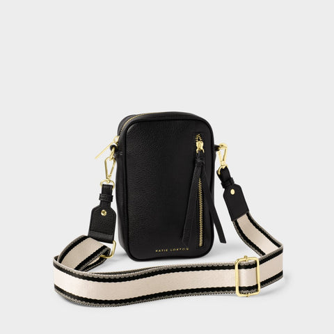 Katie Loxton Hallie small crossbody bag in black wit canvas crossbody strap and gold zip closure.