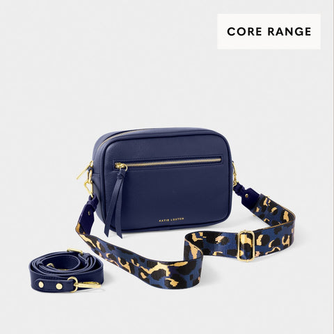 Midnight blue Katie Loxton crossbody bag with two crossbody straps with zipped closure.