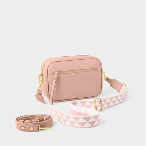 Katie Loxton Hallie crossbody bag in blossom pink with two adjustable crossbody straps and zipped closure.