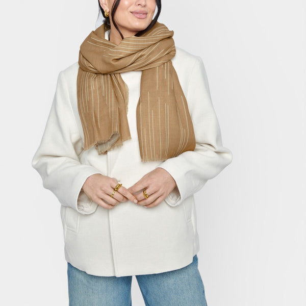 Katie Loxton scarf with dashed line print in camel and off white