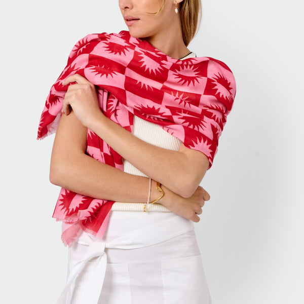 Red and pink Katie Loxton scarf with frayed edges and Le Soleil design.