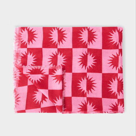 Red and pink Katie Loxton scarf with frayed edges and Le Soleil design.