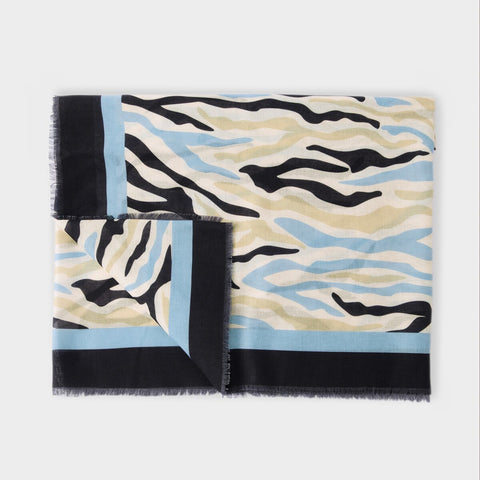 Katie Loxton abstract zebra printed scarf in ecru and blue with stylish frayed edges and lightweight fabric.