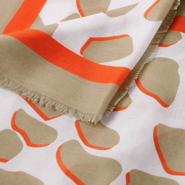 Katie Loxton dalmatian print scarf in ecru and orange with stylish frayed edges.