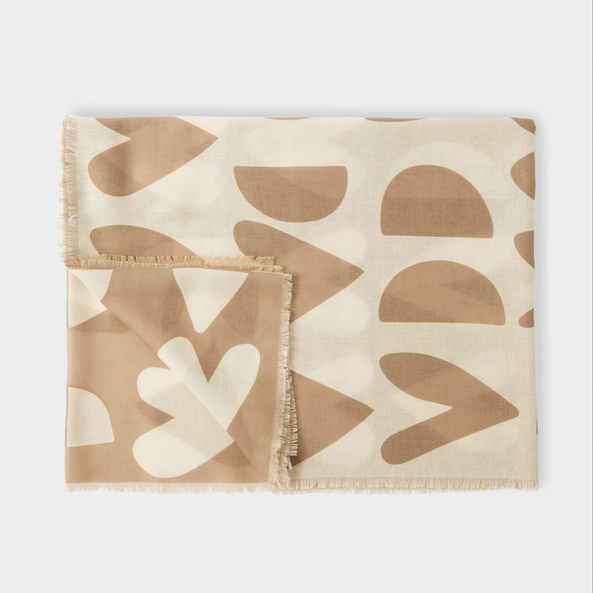 Katie Loxton printed scarf with large heart design in taupe and ecru with a stylish frayed finish.