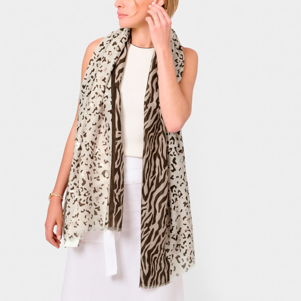 Katie Loxton foil animal printed scarf in chocolate and ecru with stylish frayed edges.