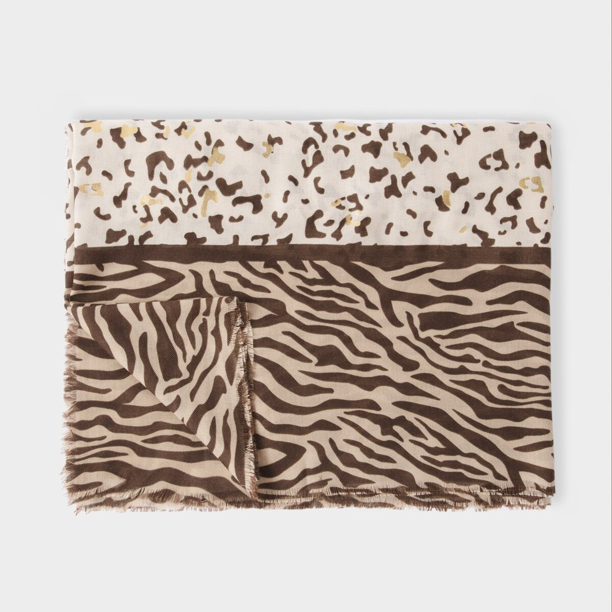 Katie Loxton foil animal printed scarf in chocolate and ecru with stylish frayed edges.