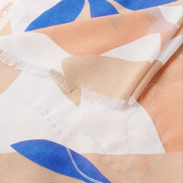 Katie Loxton botanical print scarf in coral and cobalt blue with lightweight material and frayed finished edges.