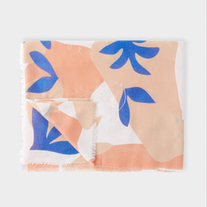 Katie Loxton botanical print scarf in coral and cobalt blue with lightweight material and frayed finished edges.