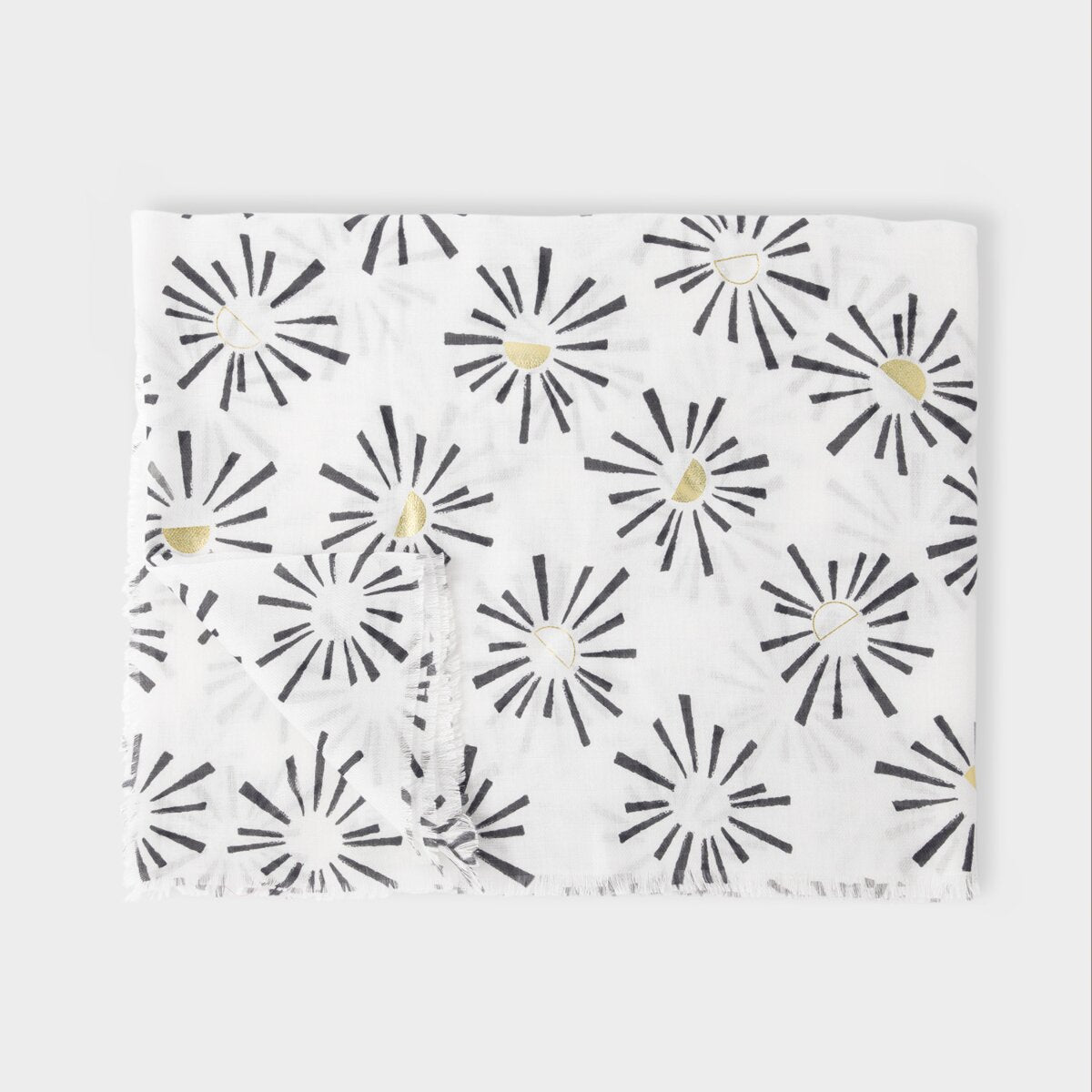 Katie Loxton foil printed scarf with sunburst design in white and black.