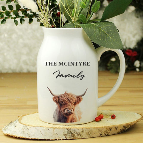 Ceramic jug vase with highland cow design